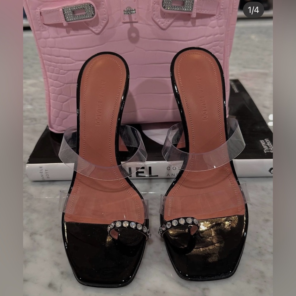 Amina Muaddi Black Heels with Rhinestone Accent . Comes with dust bag and box